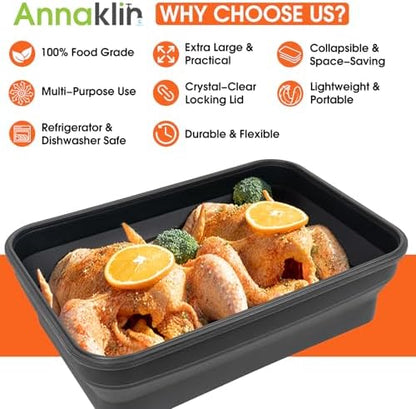 Silicone Collapsible Marinating Container with Lid for Meat, 2.64Gal/10L, Extra Large Collapsible BBQ Prep Tub, Transparent Locking Lid, XL Grill Prep Trays and Carry System, BBQ Must-Have, Black