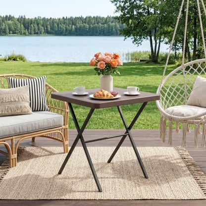 2 Pack Folding Table, Portable Coffee Table 27in Square Table for Small Spaces, Patio Card Table Foldable Picnic Table with 400 LBS Capacity for Indoor Outdoor Use, Brown