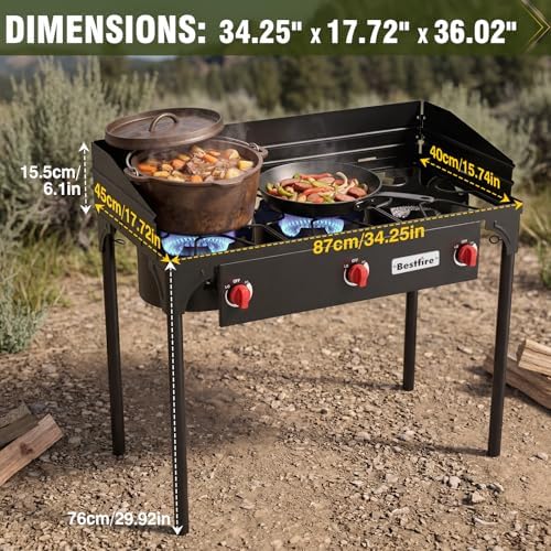 BESTFIRE 3 Burner Camping Stove, 225,000 BTU Propane Stove with Detachable Windscreen, Removable Legs & 20 PSIG Regulator&Octagonal Auxiliary Shelf&Ignition wire for Outdoor Cooking, Canning, BBQ