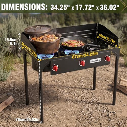 BESTFIRE 3 Burner Camping Stove, 225,000 BTU Propane Stove with Detachable Windscreen, Removable Legs & 20 PSIG Regulator&Octagonal Auxiliary Shelf&Ignition wire for Outdoor Cooking, Canning, BBQ