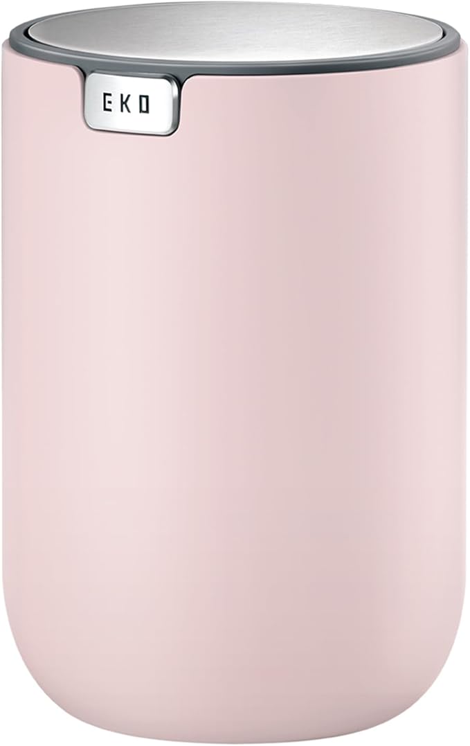 EKO Mini Desk Trash Can with Swing-Top Lid 0.4 Gallon Small Table Round Wastebasket for Office, Home, Car (Pink)