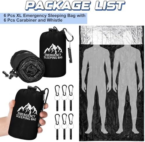 Oudain 6 Pcs XL Emergency Sleeping Bag Waterproof Bivy Sack Whistle