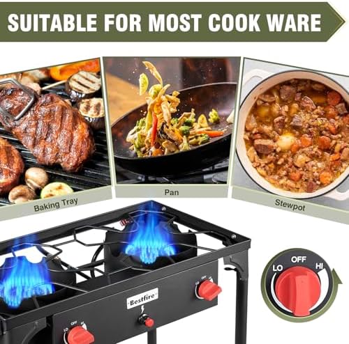 BESTFIRE 2 Burner Camping Stove,150,000 BTU High Pressure Outdoor Propane,4ft 20 PSI Adjustable Regulator Hose With Removable Legs for Backyard Cooking Camping Home