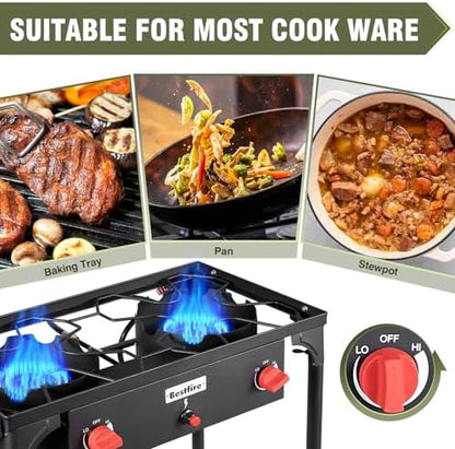 BESTFIRE 2 Burner Camping Stove,150,000 BTU High Pressure Outdoor Propane,4ft 20 PSI Adjustable Regulator Hose With Removable Legs for Backyard Cooking Camping Home