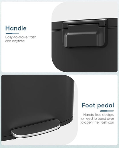 Arlopu 13.2+1.3 Gallon Step Trash Can, Stainless Steel Garbage Bin, Soft-Close Rubbish Bin with Removable Plastic Inner Bucket, Fingerprint-Proof, Lid Dustbin, for Kitchen Home (Black)