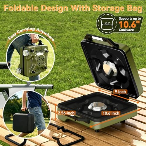 2 Burner Camping Stove with 2-In-1 Cookware Set, 24000 BTU Propane Gas Stove, Foldable Camp Stove with Frying Pan, Pot, Windshield & Carry Bag, Camping Essentials for Picnic, RV, Camp kitchen, Green