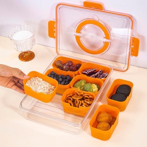 WACOI Divided Snack Serving Tray with Lid and Handle Travel Snackle Charcuterie Container Portable Storage Organizer for Candy, Fruits, Nuts, Snacks, Party, Picnic (1pack, Orange)