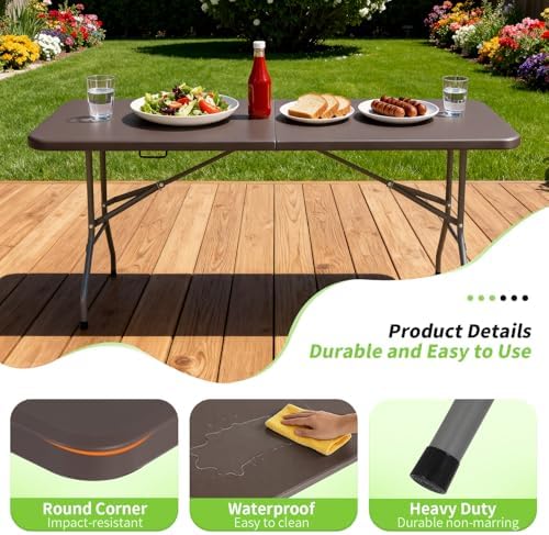 BestOffice | 6FT Folding Table | Brown | Portable Plastic Table