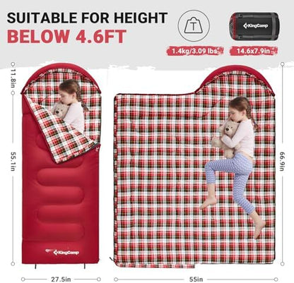 KingCamp 45°F Kids Sleeping Bag, 100% Flannel Sleeping Bag for 10-12 Child