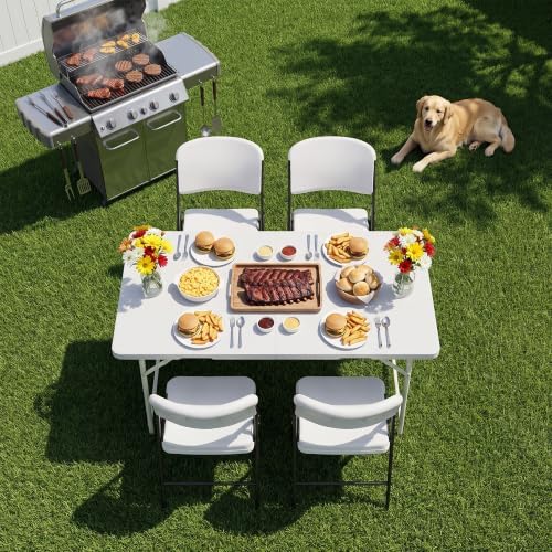 HULKFIT Portable 5-Piece Folding Table and Chairs Set, Heavy Duty 4ft Camping & Party Furniture for Indoor Outdoor Events, White