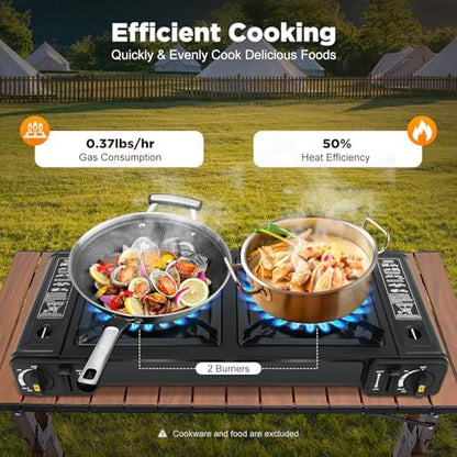 Camping Stove, Portable Butane Camping Stove, Propane Stove 2 Burner Propane Gas Stove, Double Auto Ignition Camping Burner LPG for RV, Apartments, Motorhome, Outdoor, Indoor