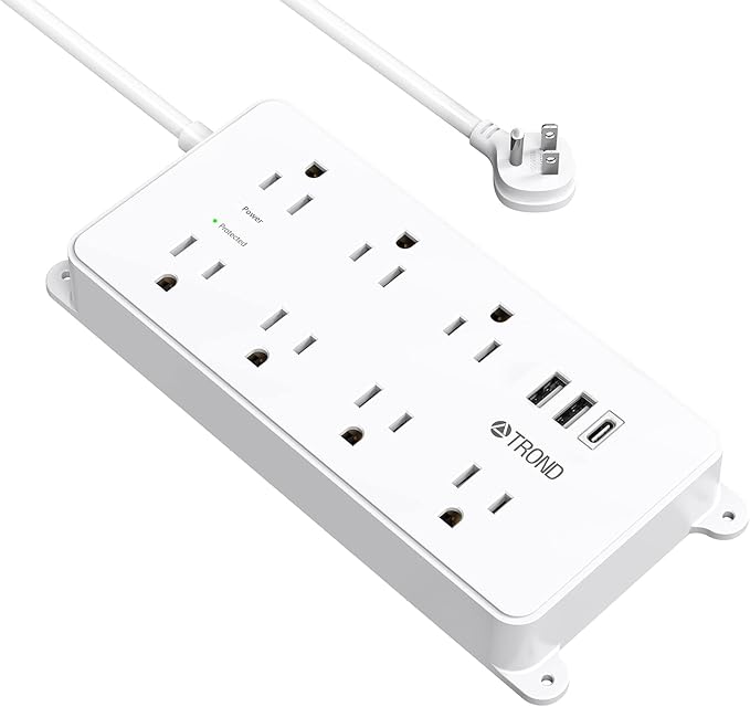 TROND Power Strip Surge Protector, 7 Widely Spaced Outlets with 2 USB A and 1 USB C, ETL Listed 1700J, Wall Mount, Flat Plug 5ft Extension Cord 14AWG Heavy Duty, for Home, Office Garage, White