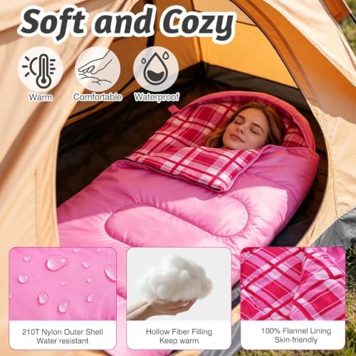 Uniqwamer Sleeping Bag for Adults Kids - 4 Seasons Cold & Warm Weather Flannel Camping Sleeping Bags, Lightweight & Waterproof 45°F Sleeping Bag for Camping Hiking Outdoor Travel