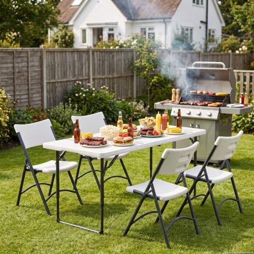 6 Pack 4 FT Folding Table with Adjustable Height, Heavy Duty Fold in Half Utility Table, Portable Plastic Picnic Table, No Assembly Card Table for Camping, BBQ, Party, RV Travel
