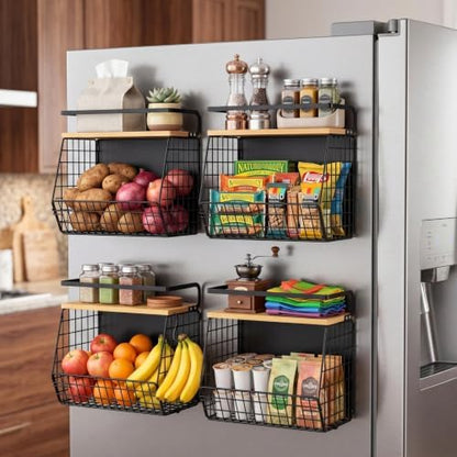 2 Set Magnetic Shelf for Refrigerator with Wood Lid, Fruit Potato & Onion Storage Bins, Pantry Organizers & Storage, Large Container Magnetic Spice Rack for Refrigerator, Kitchen Counter, Cabinet