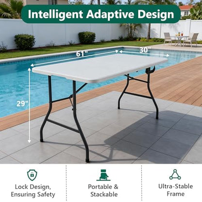 2 Pack 5ft Folding Table, Foldable Picnic Table with Carrying Handle, Heavy Duty Fold-in-Half Portable Table for Weddings, Camping, RV Travel, Parties, and Indoor Use, Easy to Fold and Store, White