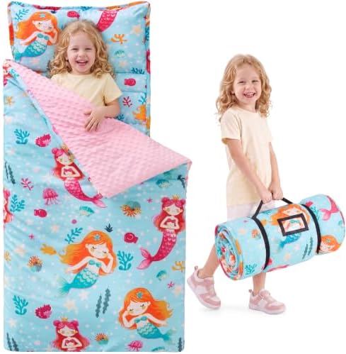 JOIEDOMI Toddler Nap Mat with Removable Pillow and Minky Blanket 55''x30'' Kids Sleeping Bag for Boys and Girls Ages 3-6 Roll Up Soft Nap Mats for Preschool Kindergarten Daycare Sleepover