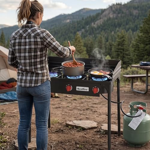 BESTFIRE 3 Burner Camping Stove, 225,000 BTU Propane Stove with Detachable Windscreen, Removable Legs & 20 PSIG Regulator&Octagonal Auxiliary Shelf&Ignition wire for Outdoor Cooking, Canning, BBQ