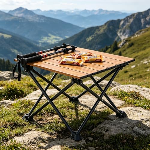 Wind Tour Roll-Up Camping Table, 4-Person Lightweight Portable Outdoor Table with Carry Bag for Picnics BBQ Travel (15.7”x13.7”x11”| Wood Grain)