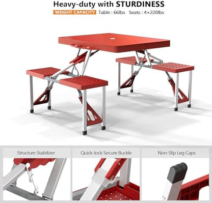 VINGLI 4 Ft Portable Folding Picnic Table Camping Table Foldable Set with 4 Seats with Umbrella Hole Suitcase Card Table-220 Lbs Support Aluminum Frame, Plastic RV Tabletop for Yard, Travel