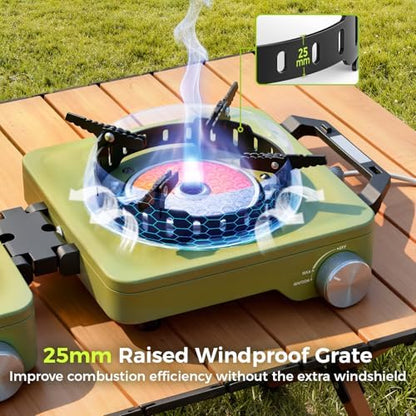 MoKo Propane Camping Stove 2 Burner, 36,000 BTU Infrared & Open Flame Hybrid, Windproof Folding Portable Outdoor Gas Cooking Kit with Frying Pan & Carry Bag For RV, Tailgating, Survival, Green
