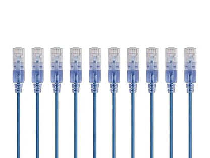 Monoprice Cat6A 2ft Blue 10-Pk Patch Cable UTP 30AWG 10G Pure Bare Copper Snagless RJ45 SlimRun Series Ethernet Cable