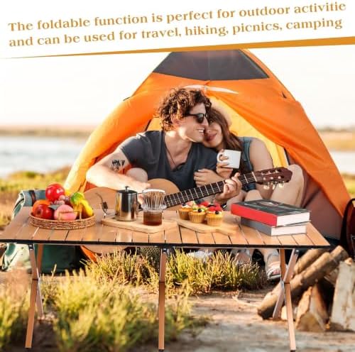 Suzile 2 Pack 4FT Folding Camping Table, Roll Up Portable Camp Table with Carry Bag, Low Collapsible Lightweight Aluminum Outdoor for Camping, Picnic, Beach, Patio, Kitchen (Yellow Wood Color)