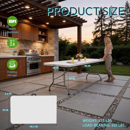 Folding Table Picnic Table, 8 ft Camping Table with Handle and Safety Locks