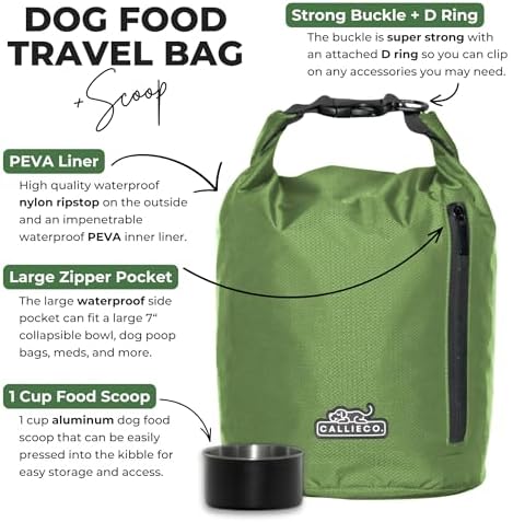 Callieco Dog Food Travel Bag w/ 1 Cup Scoop and Zipper Side Pocket | Waterproof Kibble Storage Container for Home, Road Trips, Camping, Boarding and More (Green, 32 Cups)