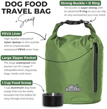 Callieco Dog Food Travel Bag w/ 1 Cup Scoop and Zipper Side Pocket | Waterproof Kibble Storage Container for Home, Road Trips, Camping, Boarding and More (Green, 64 Cups)
