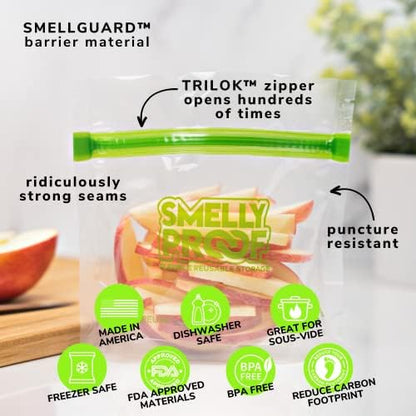 Smelly Proof 10 x Reusable Food Storage Bags, Reusable Freezer Bags, Reusable Snack Bags, Stand-Up Expandable “Stand & Fill”, Clear 3-Mil 6” x 4”, US Made, BPA FREE, NO PEVA, 10-pk