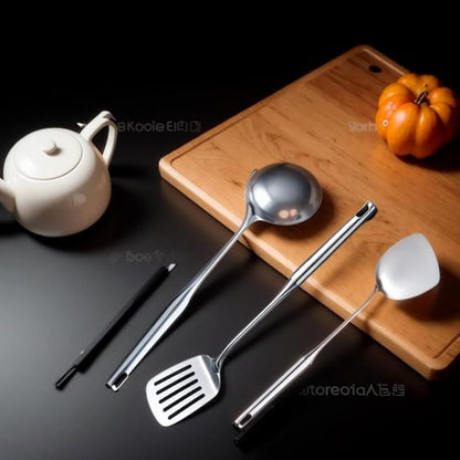 316 Stainless Steel Cooking Tool Set: saute pan spatula ladle, skimmer slotted, pasta, serving spoon, slotted spatula seasoner, dishwasher safe.