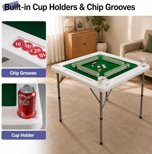 Byliable 34.6" Folding Mahjong Table, Portable Game Table with Cup Holders