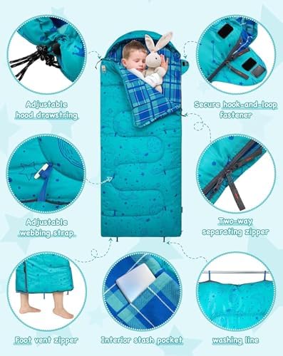 KingCamp 45°F Kids Sleeping Bag, 100% Flannel Sleeping Bag for 10-12 Child