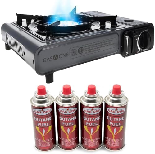 GasOne Portable Butane Camping Stove with Case + 4 Fuel Canister Catridge: Automatic Ignition, Precise Heat Control - Camping & Tailgating and Outdoor Cooking