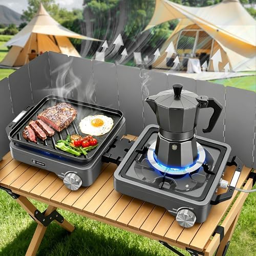 2-Burner Pro Camping Stove,24000 BTU Camp Stove,Foldable Propane Stove Includes Carry Bag,Windscreen Griddle, Portable Stove,Camping Essentials,Suitable For Outdoor Cooking (Gray)