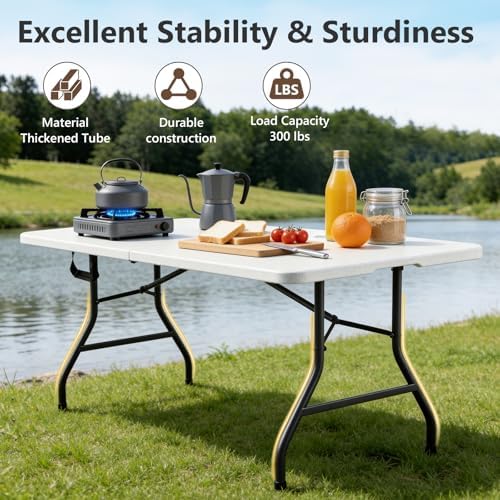 Folding Table 6 Pack, 6 FT Foldable Plastic Table with Carrying Handle, Heavy Duty Portable Fold-in-Half Utility Table for Party, Camping, Banquet, Craft, Wedding, Indoor & Outdoor Use