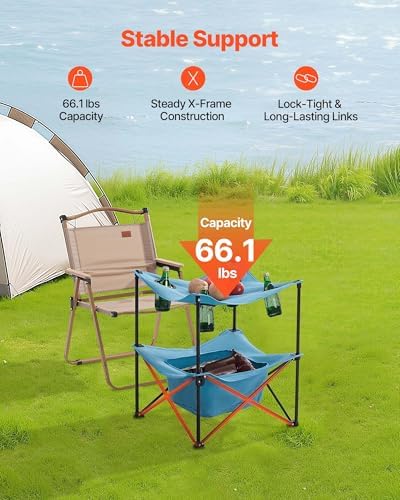 VEVOR Folding Camping Table, Portable Outdoor Lightweight Picnic Table, 600D Oxford Fabric Waterproof Canvas Travel Beach Tables, with 4 Cup Holders, Carry Bag, for Tailgating Camping Picnic, Blue