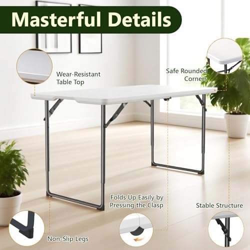 Folding Table, 4FT Foldable Picnic Table with Adjustable Height, Heavy Duty Fold-in-Half Portable Table for Weddings, Camping, RV Travel, Parties, BBQs, and Indoor Use, Easy to Fold and Store