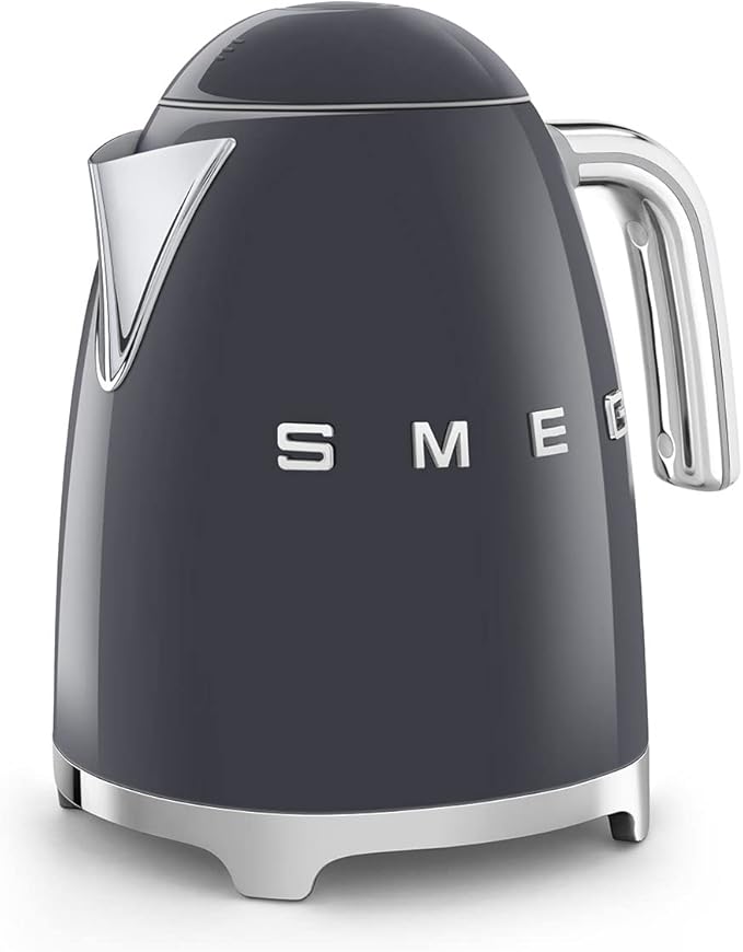 SMEG KLF03 7 Cup Electric Water Kettle, Retro-Style, Soft-Opening Lid, Auto Shut-Off, 360° Swivel Base – Grey