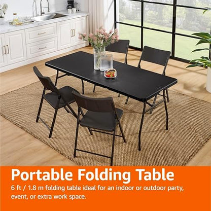 Amazon Basics Heavy Duty Portable Folding Table, 6 ft, Indoor & Outdoor, Fold-in-Half Design with Carrying Handle, for Events, Easy Folding and Storage, Black