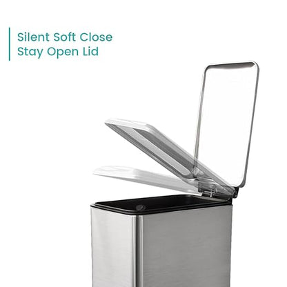 12 Gallon Trash Can, Stainless Steel Kitchen Garbage Can with Removal Inner Bucket, Soft Close Lid, Step on Trash Can for Home and Office, 45 Liter Capacity, Silver