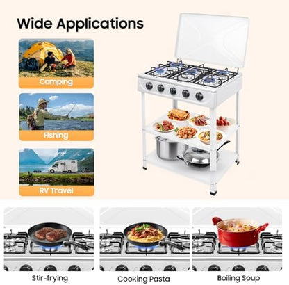 5 Burner Propane Portable Gas Stove, Gas Burners for Cooking Outdoor with Support Leg Stand Adapter Auto Ignition Cooktop Stove Top for RV, Apartment, Outdoor Cooking (White)