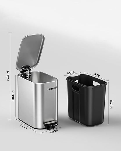 Lovewind 2 Pack Bathroom Trash Can with Lid, 1.6 Gallon/ 6 Liter Stainless Steel Garbage Can with Removable Inner Bucket, Step Pedal Wastebasket-Narrow Waste Bin for Bathroom, Toilet, Bedroom, Silver