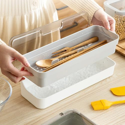 Plastic Kitchen Drawer Organizer with Lid and Drainer Stackable Utensil Holder for Countertop Silverware Tray Flatware Organizers - 13x4.7x2.4 Inch Spatula Cutlery Storage Box