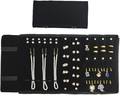 Velvet Travel Jewelry Case Roll Bag Organizer for Necklace Bracelet Earrings Ring (Black) (Black（6+2+4+2)