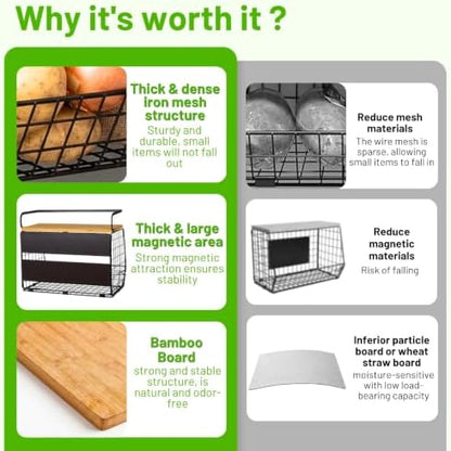 2 Set Magnetic Shelf for Refrigerator with Wood Lid, Fruit Potato & Onion Storage Bins, Pantry Organizers & Storage, Large Container Magnetic Spice Rack for Refrigerator, Kitchen Counter, Cabinet