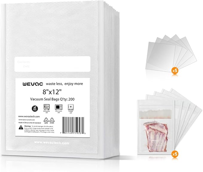Wevac 8" x 12" Precut Vacuum Sealer Bags, 200 Count, Includes 5 Liquid Block Bags & 5 Bone Guard Pieces, Heavy Duty for Food Storage, Sous Vide & Meal Prep