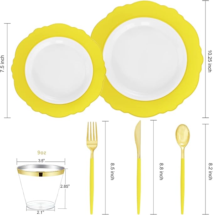 WDF 150pieces Yellow Disposable Dinnerware Hign-end Baroque Design - Sturdy&Durable Baroque Yellow Sunshine&Gold Plastic Dinnerware for Upscale Wedding & Thanksgiving Parties