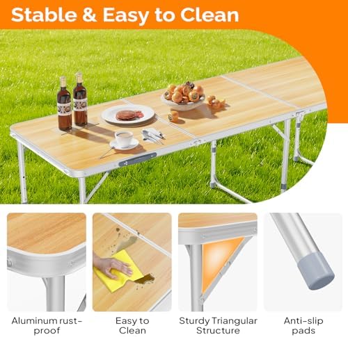 VINGLI 6ft Folding Camping Table with Carry Handle,Portable Utility Table Multipurpose for Party Picnic Tailgating Outdoor Patio Garden Indoor Kitchen …